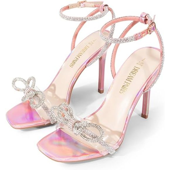 Women's Double Bowknots Crystal Sandals Clear Sling back Heels Square Toe Shoes - Picture 2 of 7
